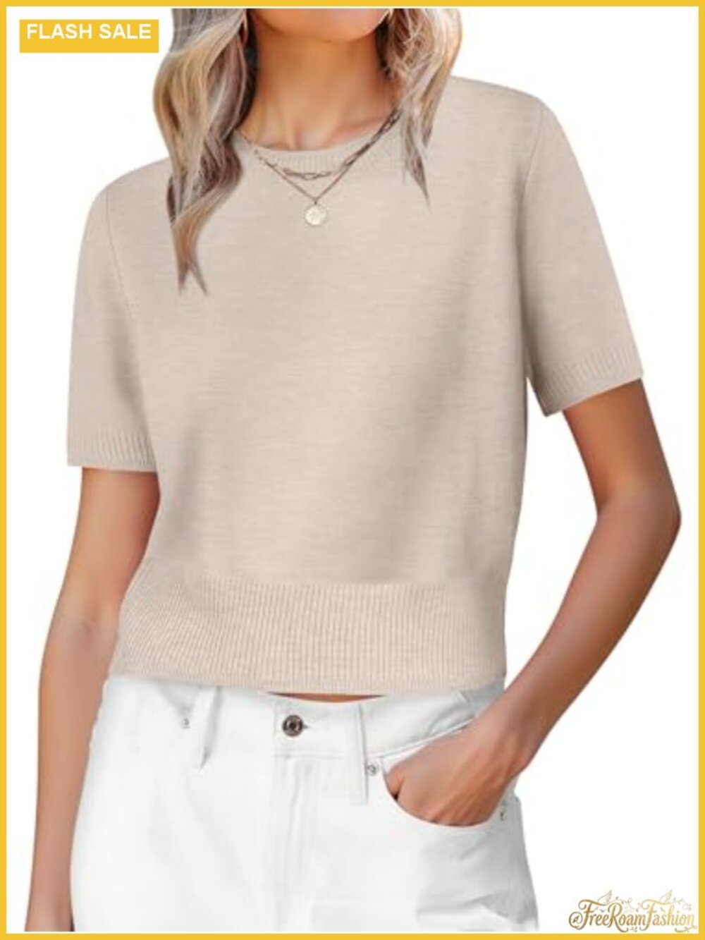 Short Sleeve Cropped Sweater Ribbed Knit Crew Neck Pullover